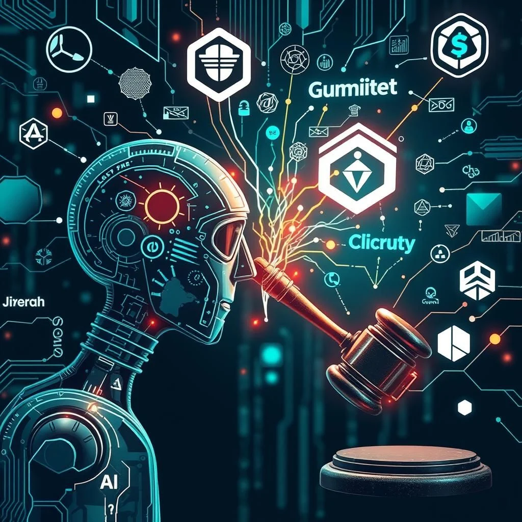 An artistic depiction of a cyborg robot connected by glowing wires to a gavel on a pedestal, symbolizing the intersection of artificial intelligence and the legal system, with various abstract symbols and text like "Gumiiitet," "Clicruty," and "AI" floating in the background.