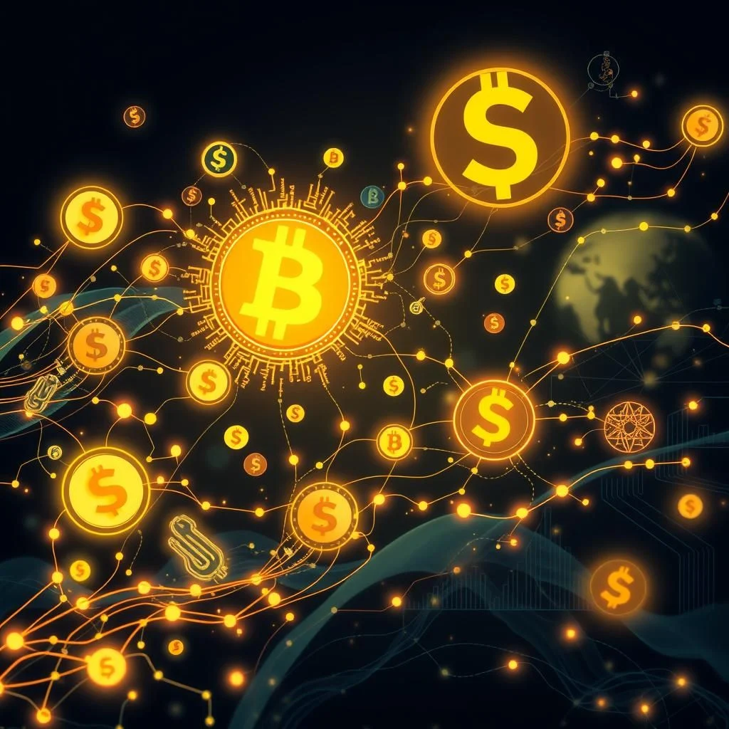 A network of glowing yellow lines connects various symbols, including a large Bitcoin logo, dollar signs, and smaller Bitcoin symbols, against a dark background with a faint image of the Earth and a digital interface.