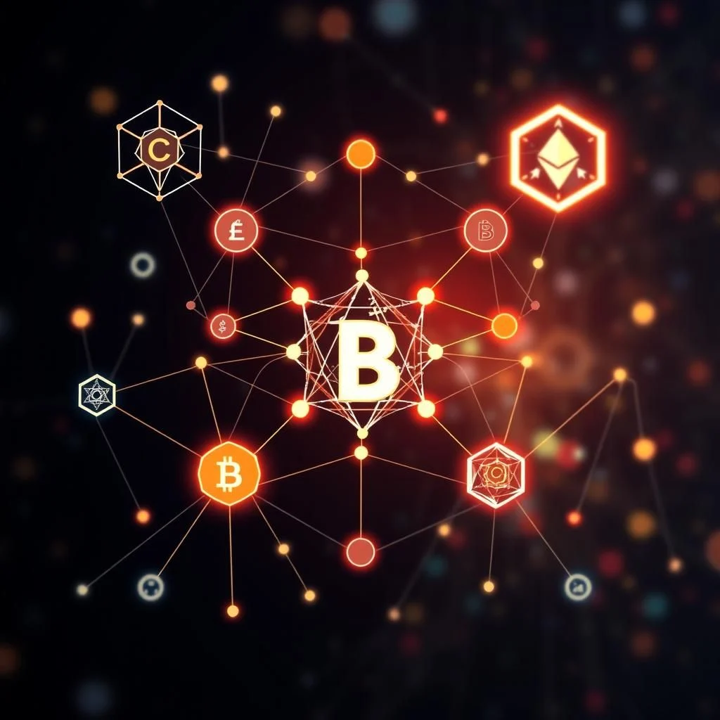 A network diagram showing various cryptocurrency symbols, including Bitcoin and Ethereum, connected by lines and nodes against a blurred dark background with bokeh lights.