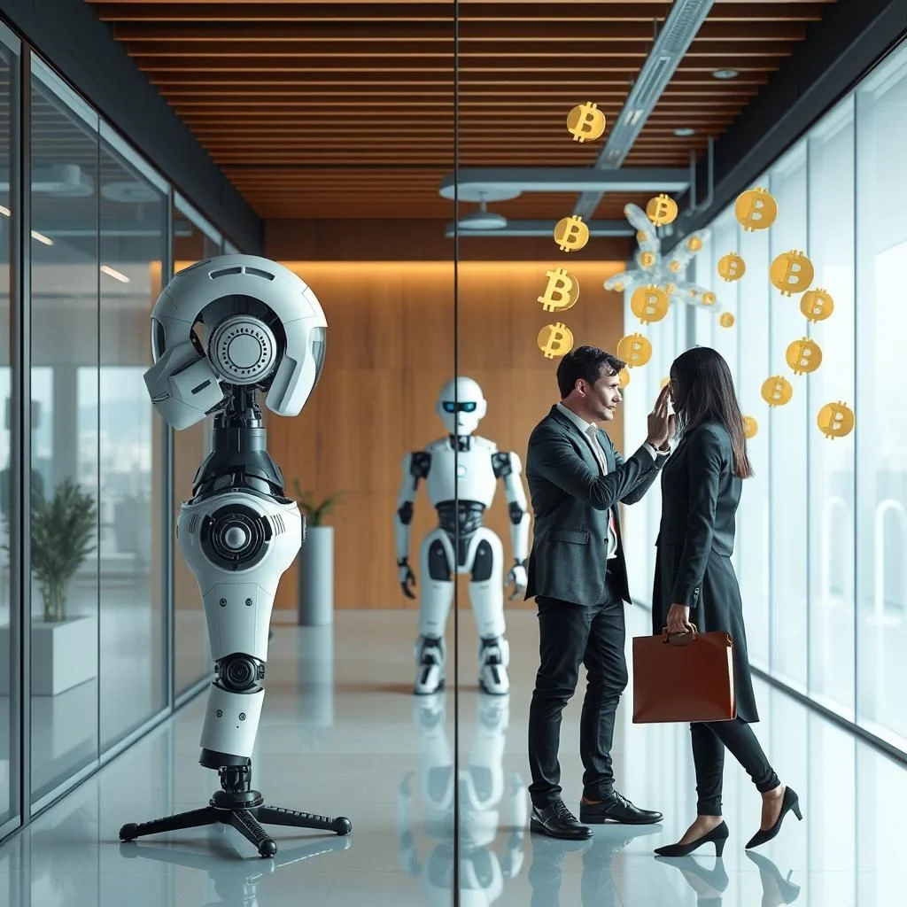 A man and a woman in business attire stand in an office hallway, looking at each other. The man is touching the woman's forehead. In the background, two robots are visible, one in the foreground and one in the background. Golden Bitcoin symbols float in the air above the couple.
