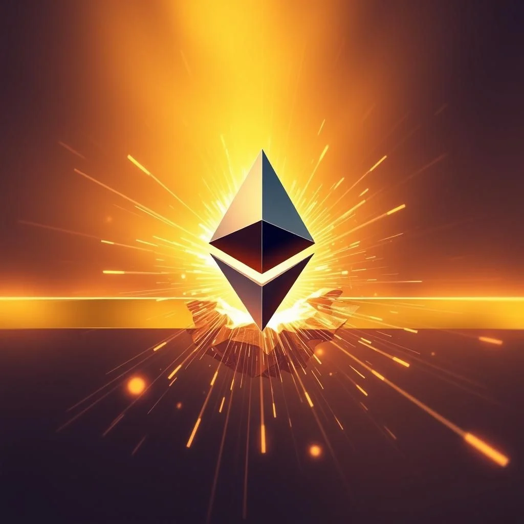 An Ethereum logo shimmers with a bright, explosive golden light emanating from behind it, casting sharp, thin beams of light outward.
